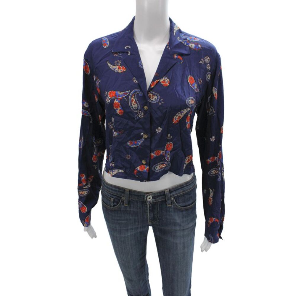 ciao lucia Womens Cropped Blue Paisley Collared Long Sleeve Blouse Size XS
